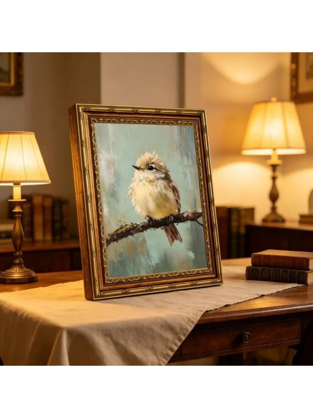 Vintage Gold Framed Bird Canvas Art - Beige Sparrow Wall Decor for Home